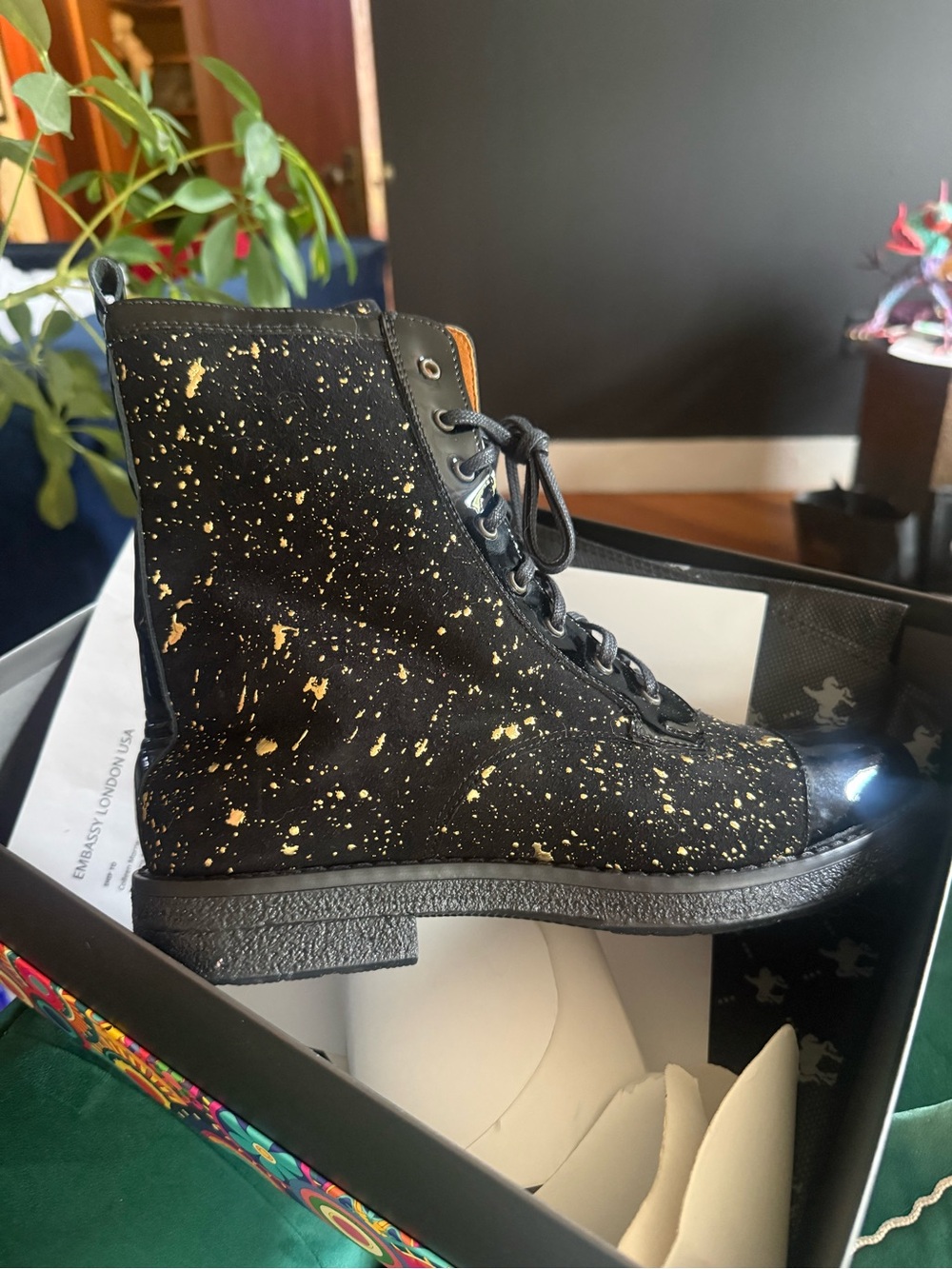 Women's Black & Gold Splatter Lace-Up Ankle Boots - Embassy London